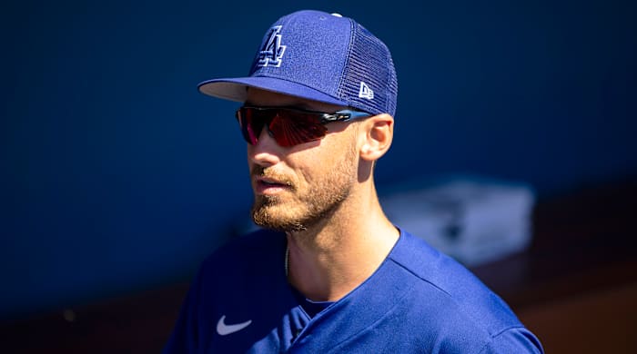 Mar 22, 2022; Phoenix, Arizona, USA; Los Angeles Dodgers outfielder Cody Bellinger against the Cincinnati Reds during a spring training game at Camelback Ranch-Glendale.